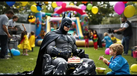 Realisitic picture. Batman sitting awkwardly in a tiny chair at a children's birthday party in a suburban backyard, surrounded by balloons and kids in superhero capes. His cape is draped over the grass, slightly stained with cake frosting. A half-eaten slice of Batman-themed cake rests on a paper plate in his lap. Behind him, a bouncy castle looms with kids jumping wildly, one wearing a homemade Robin costume. Balloons shaped like bats float around, and a confused dad grills hot dogs nearby. Batman stares straight ahead, completely motionless, while a small child paints glitter stars on his gauntlet.