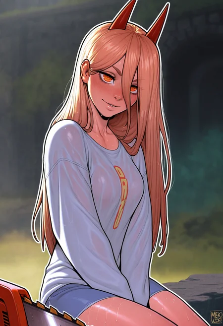 masterpiece,best quality,amazing quality,
artist: melkor,, (artist: incase:0.7), white outline glow, long wet hair, chromatic abberation, blurred background, dimmed background,
1 girl,  alluring, pose,  
Power (Chainsaw Man) ,
 default clothing,  default location,
detailed character, detailed face, detailed skin, detailed hair, detailed clothing,