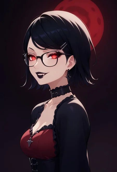 score_9, score_8_up, score_7_up, score_6_up, (haaru),concept art, digital artwork, highly detailed, sharp focus, portrait, katayamap5x, black hair, short hair, hairclip, glasses,<lora:princess_xl_v2:0.3>, <lora:VampirePonyLora:0.9> vampire, red eyes, glowing eyes, fangs, <lora:Gothic:1>, GothicC, makeup, black lipstick, mascara, black nails, gothic dress, black dress, red dress, covered shoulders, fishnet, half closed eyes, smug, evil smile, dark background