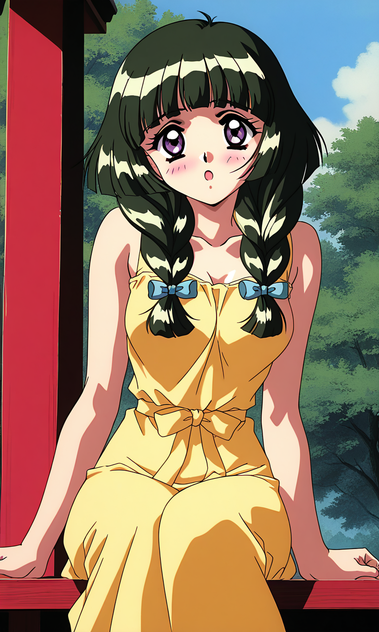 general,highres, ultra-detailed,very aesthetic,best quality ,best hands,  BREAK <lora:Kamiyama_Miko_OVA_IS:1>Kamiyama_Miko_OVA, 1girl,solo, dark green hair, twin braids, blunt bangs, hair over shoulder,  closed eyes, 1990s (style), anime coloring, breasts,
solo, sitting, brown eyes, long hair, open mouth, blush, ribbon, Yellow dress, looking at viewer, hair ribbon, :o, purple eyes
shrine, sky, Japan,