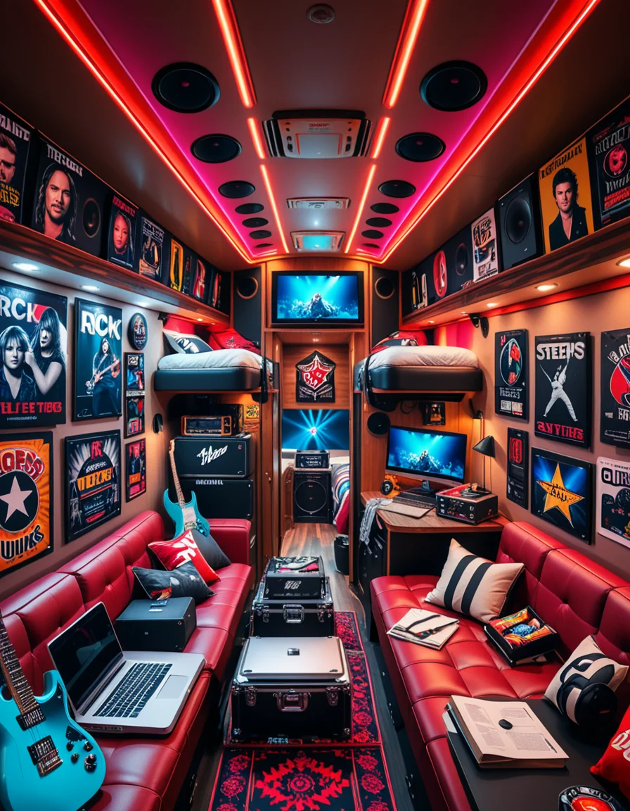 The interior of a modern RV customized for a rock band on tour. The space is stylish and lived-in, filled with musical gear like guitar cases, amps, and a drum pad. Posters of famous rock bands and tour memorabilia cover the walls. There are leather couches, a small kitchenette with snacks and energy drinks, and a cluttered table with laptops, cables, and setlists. A narrow hallway leads to sleeping bunks with personal items like headphones, books, and clothes tossed around. The lighting is warm with LED strips in red and purple tones, giving it a cozy but edgy atmosphere. A small TV displays concert footage, and speakers are mounted on the ceiling. The whole scene feels energetic, artistic, and chaotic in a creative way. Realistic style, rich colors, and highly detailed environment.
<lora:SDXLFaeTastic2400:0.4> <lora:extremely_detailed:0.4> extremely detailed <lora:r0ck_b4nd_rv:1>r0ck b4nd rv, Masterpiece,best quality,hi res,8k,hi res,8k,award winning,(sharp focus, intricate, highly detailed),