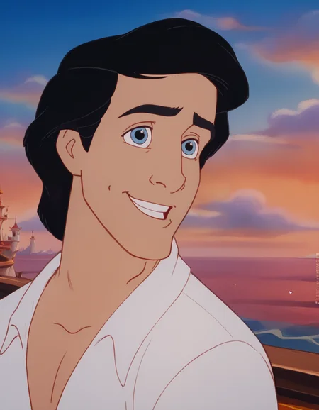 score_9, score_8_up, score_7_up,
Prince_Eric_LTM, 1boy, black hair, light-blue eyes, white shirt, three-quarter sleeves, red waistband, gray pants, black boots,
solo, walking slowly, light smile, looking at viewer,
sea shore, sea waves, fantasy white castle on a high cliff in the background,
best quality, much detailed, high resolution, Expressiveh, zPDXL3, <lora:Prince_Eric_LTM:1>, <lora:Smooth Anime Style LoRA XL:0.8>, <lora:Expressive_H:0.6>, <lora:add-detail-xl:1>, <lora:zPDXL3:1>âââ