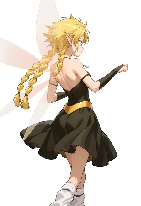 Smooth Quality,masterpiece,very intricate, high quality details, ultra realistic, high detailed skin,detailed enviorement,absurdres, 
simple background, white background, 
from behind,dancing,
+ +,solo, 
 <lora:Ramiriscnn:0.8> ramiriscnn, 1girl, fairy, minigirl, blonde hair, yellow eyes, pointy ears, long hair, twin braids,small breasts,fairy wings, bare shoulders, collarbone, black dress, strapless dress, bridal gauntlets, necklace,leg warmers,