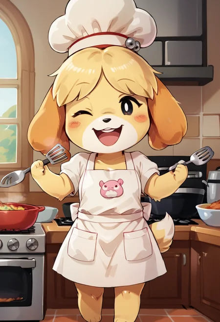 score_9, score_8_up, score_8, <lora:Shizue_for_PonyXl:0.8> 1girl, dog girl, shizubelle, animal ears, furry female, blonde hair, tail, black eyes, topknot, chef hat, kitchen, cooking lobster, apron, wink, open mouth,