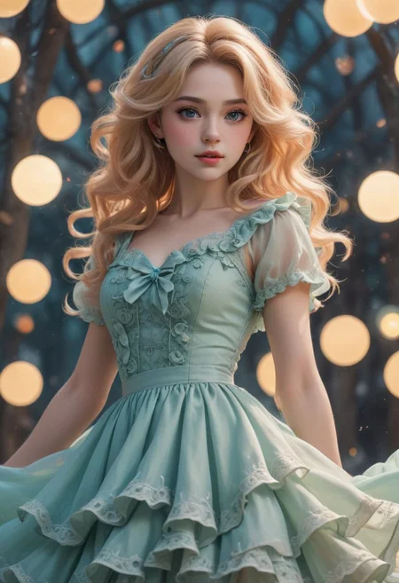 Romantic Rosette dress, (knee shot), full height, low angle shot, (Surreal), (illustration), (Resolution enhancement), (8k), (Very detailed), (Best illustration), (Beautiful and delicate eyes), (best quality), (Super detailed), (masterpiece ), ( wallpaper), (Detailed face),one blonde, curls,(High top fade in and out:1.3), (Smile brightly, bright look), dark theme, soothing tone, pastel colors, high contrast, (natural skin texture, SurrealN;NI, soft light, Impatient),exposure blending, medium shot, Bokeh, (human development report:1.4), high contrast, (Movie, teal and orange:0.85), (pastel colors, fade, soothing tone:1.3), high saturation, (Super detailed:1.2)