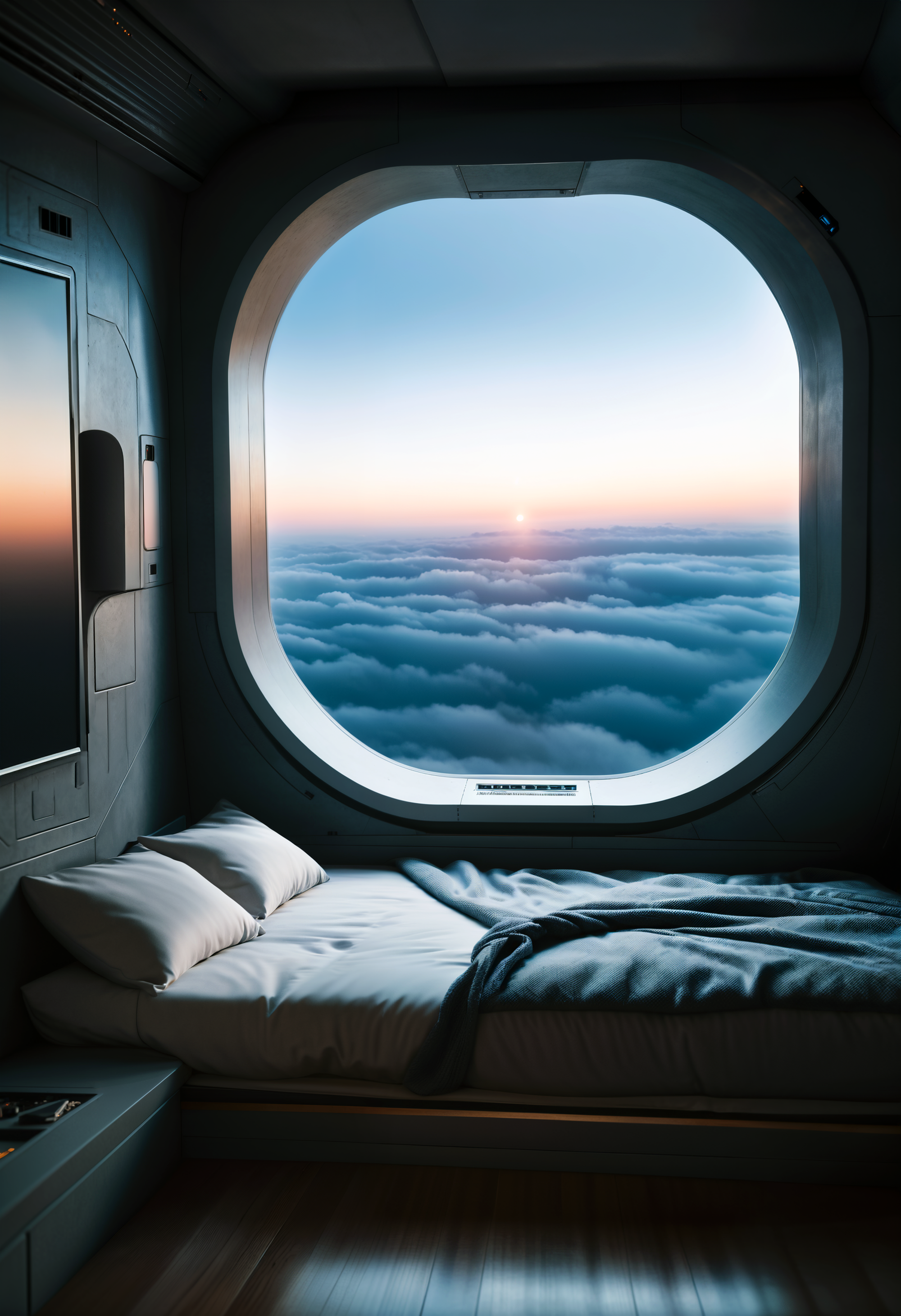 hyperrealistic cinematic still photo a photo of a room with a bed and a window, photorealism, inside abandoned space ship, room of a spacecraft, looking out of window at space, nebula, masterpiece, best quality, (intricate details), dreamy, magnificent, ethereal, volumetric lighting, lightroom, ((cinematic)), raytracing, subsurface scattering, face focus,
