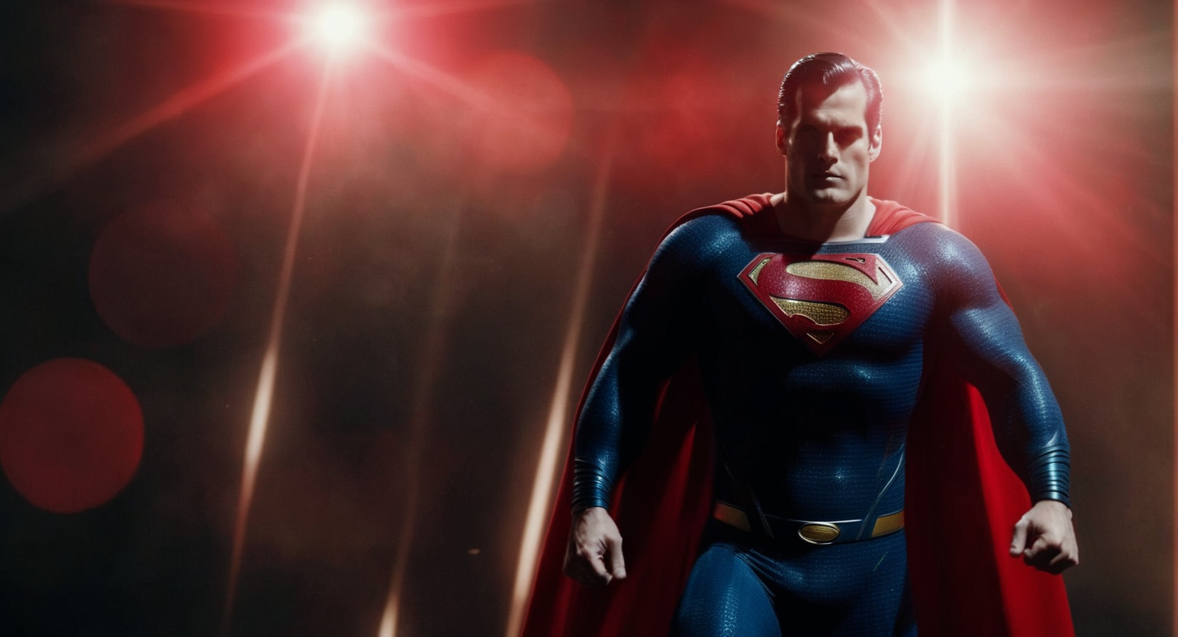 cinematic film still of  Cinematic Film stock footage in (arri alexa style) Kodak film print,    <lora:Superman:1> Superman with red eyes beams of gamma ray coming out from both red eyes, shallow depth of field, vignette, highly detailed, high budget, bokeh, cinemascope, moody, epic, gorgeous, film grain, grainy