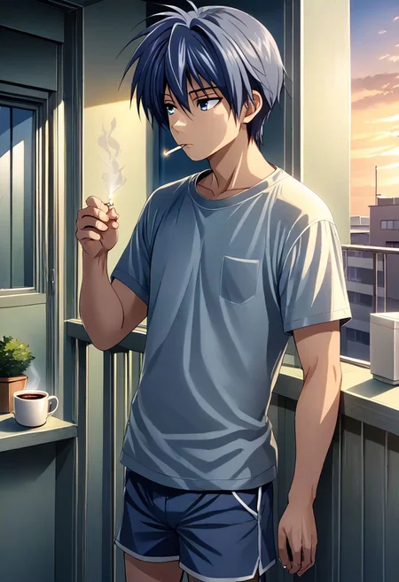 high resolution, solo, best quality, 1Boy, Tomoya Okazaki, Grey Blue Hair, home balcony, morning, cigarette, coffee, t-shirt, shorts, looking away, OverallDetail
