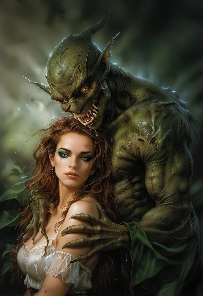 score_9, score_8_up, score_7_up, score_6_up, semi-realistic, (1girl), (1boy).  
MonsterLove, male monster, Green monster. 
blondie girl with sexy makeup.
Hug.