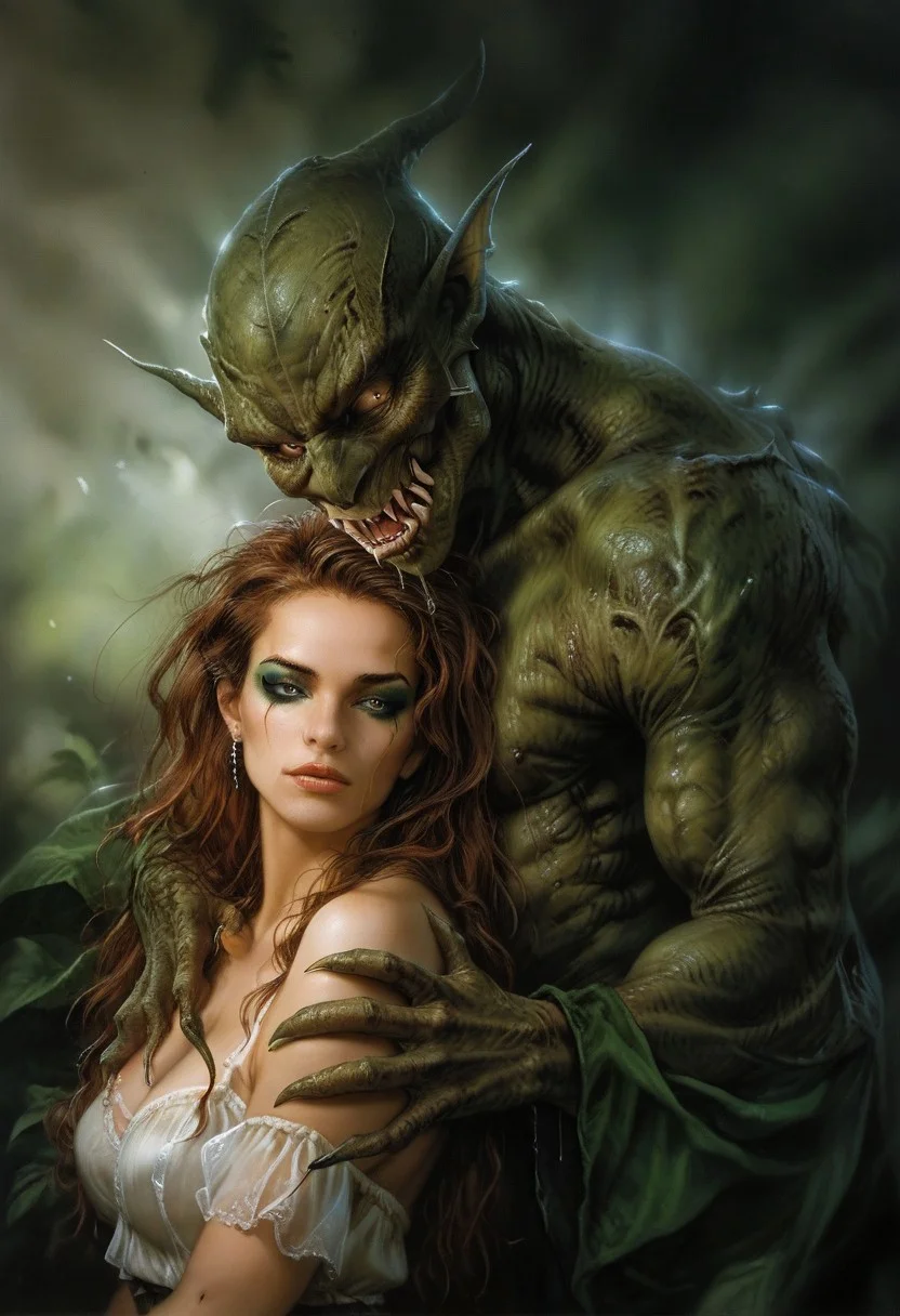 score_9, score_8_up, score_7_up, score_6_up, semi-realistic, (1girl), (1boy).
MonsterLove, male monster, Green monster.
blondie girl with sexy makeup.
Hug.