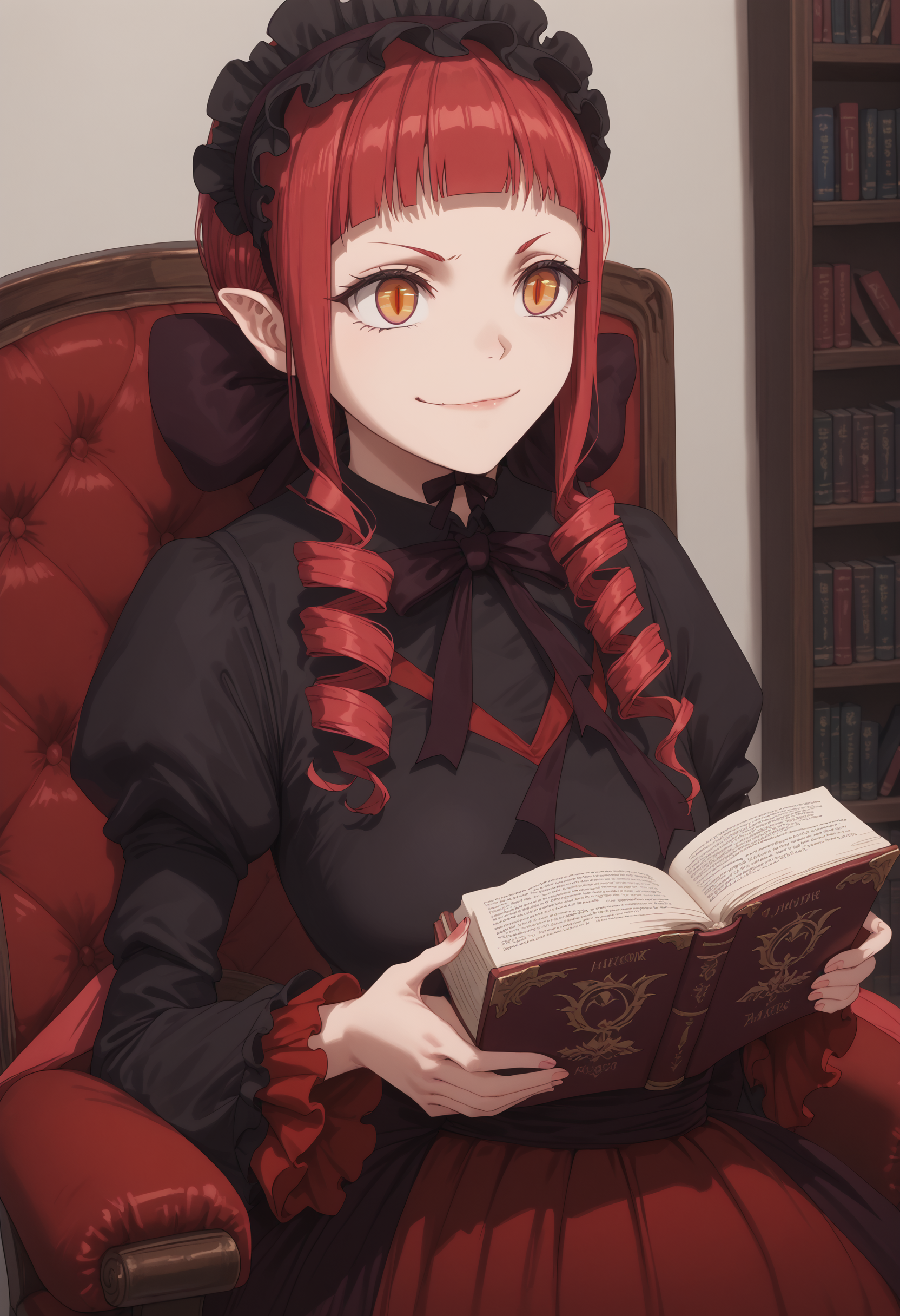 <lora:Rafflesia>,rafflesia,score_9,score_8_up,score_7_up,highres,high res,detailed,masterpiece,1girl,(solo),bright colors,detailed face,detailed eyes,multicolored eyes,red eyes,red hair,orange eyes,slit pupils,demon girl,frills,twintail,frills,medium breasts,smirk,reading a book,chair,closed mouth