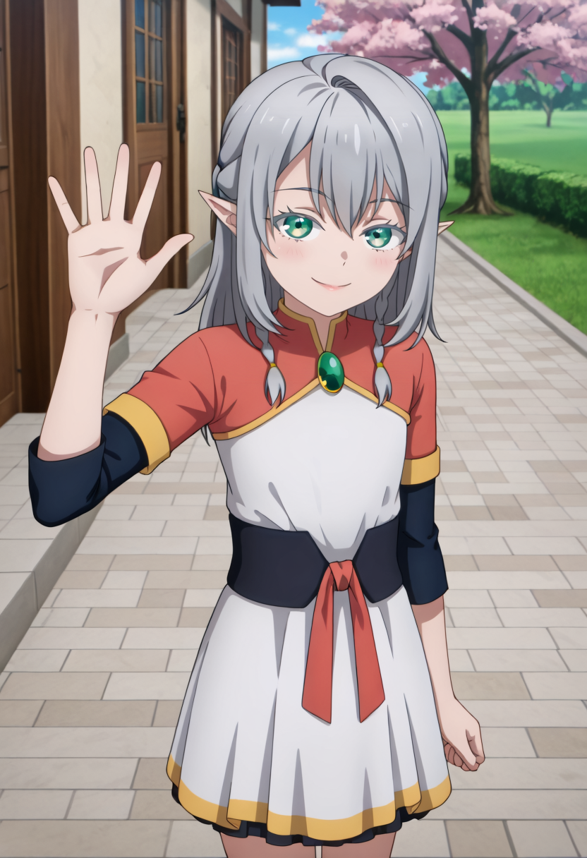 <lora:Young Tessia_IL:1>Young Tessia, 1girl, gray hair, pointed ears, elf, green eyes, white asymmetrical dress with yellow trim, red sash waist tie, black long-sleeve undershirt, green gem pendant necklace, white thigh-high socks, black crisscross strap shoes
 Civic center with cherry blossom trees in the garden,seductive smile , waving to the viewer, upper body,