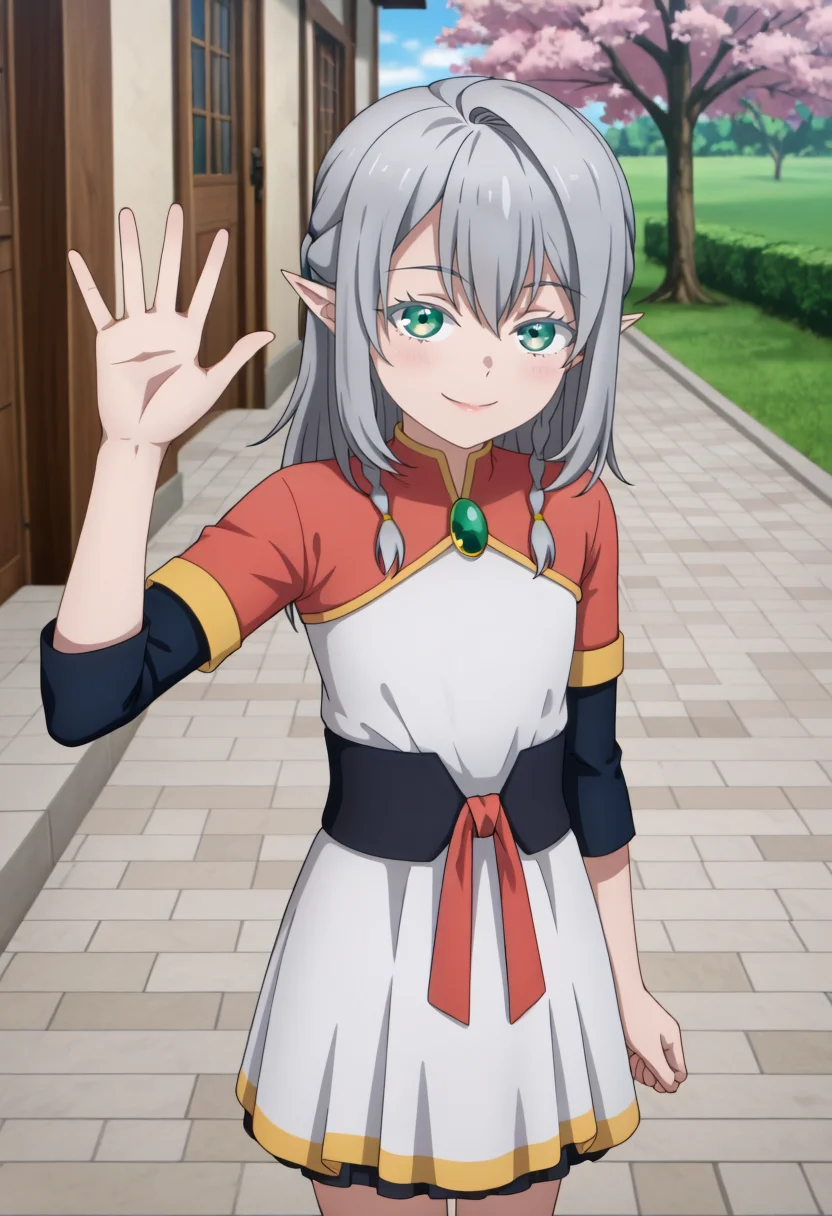 <lora:Young Tessia_IL:1>Young Tessia, 1girl, gray hair, pointed ears, elf, green eyes, white asymmetrical dress with yellow trim, red sash waist tie, black long-sleeve undershirt, green gem pendant necklace, white thigh-high socks, black crisscross strap shoes
Civic center with cherry blossom trees in the garden,seductive smile , waving to the viewer, upper body,