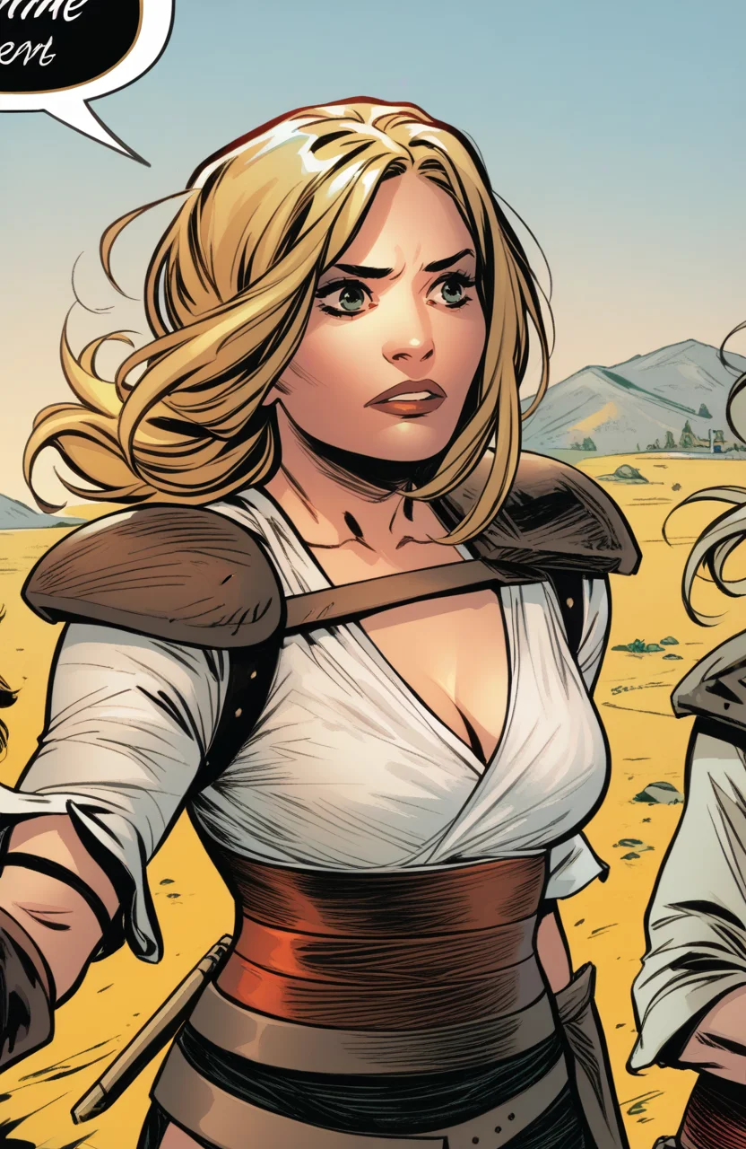 score_9, score_8_up, score_7_up, score_6_up, score_5_up, score_4_up, comic, <lora:Valeria_t2-000008-128:1.0> 1girl, Valeria, blonde, large breasts, cleavage, shoulder pads, arm guards
, field