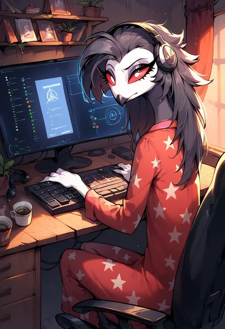 masterpiece, score_9_up, score_8_up, score_7_up, score_6_up, score_5_up, source_furry, (best quality:1.1), ultra-detailed, high resolution, 1girl, solo, highly detailed macro illustration, octavia, from helluva boss, avian, beak, irritated expression, slim, red sclera, long eyelashes, pajamas, inside, (((beautiful detailed eyes))), low light, c0mp, sitting, indoors, chair, computer, monitor, headphones, desk, from behind, keyboard (computer), staring at computer screen, multiple empty coffee cups around, messy room, Highly Visible, sharp focus, perfect lighting, anatomically correct, extremely detailed, frustrated mood, high detail, exhausted face, Expressiveh, detailed background, OverallDetail