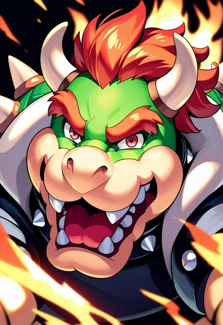 score_9, score_8_up, score_7_up, (Bowser:1), spiked shell, spiked collar,rating safe,solo,looking at viewer,flames,breathing fire,open mouth,no humans,black background,highly detailed,closeup