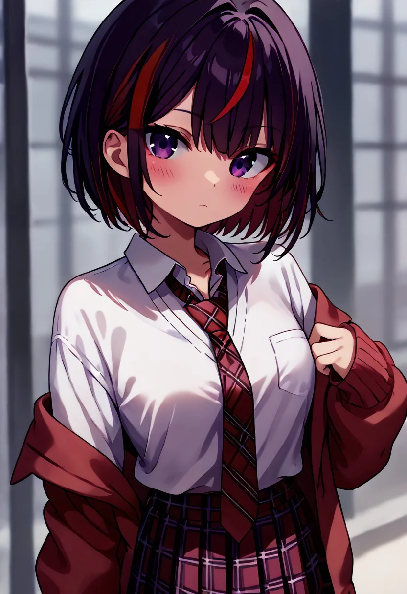 score_9, score_8_up, score_7_up, alicia, original costume, 1girl, purple_eyes, blush, plaid, necktie, skirt, black_hair, multicolored_hair, short_hair, red_hair, shirt, streaked_hair, red_necktie, plaid_skirt, red_skirt, plaid_necktie, white_shirt, red cardigan, pleated_skirt, off_shoulder, long_sleeves, school_uniform,