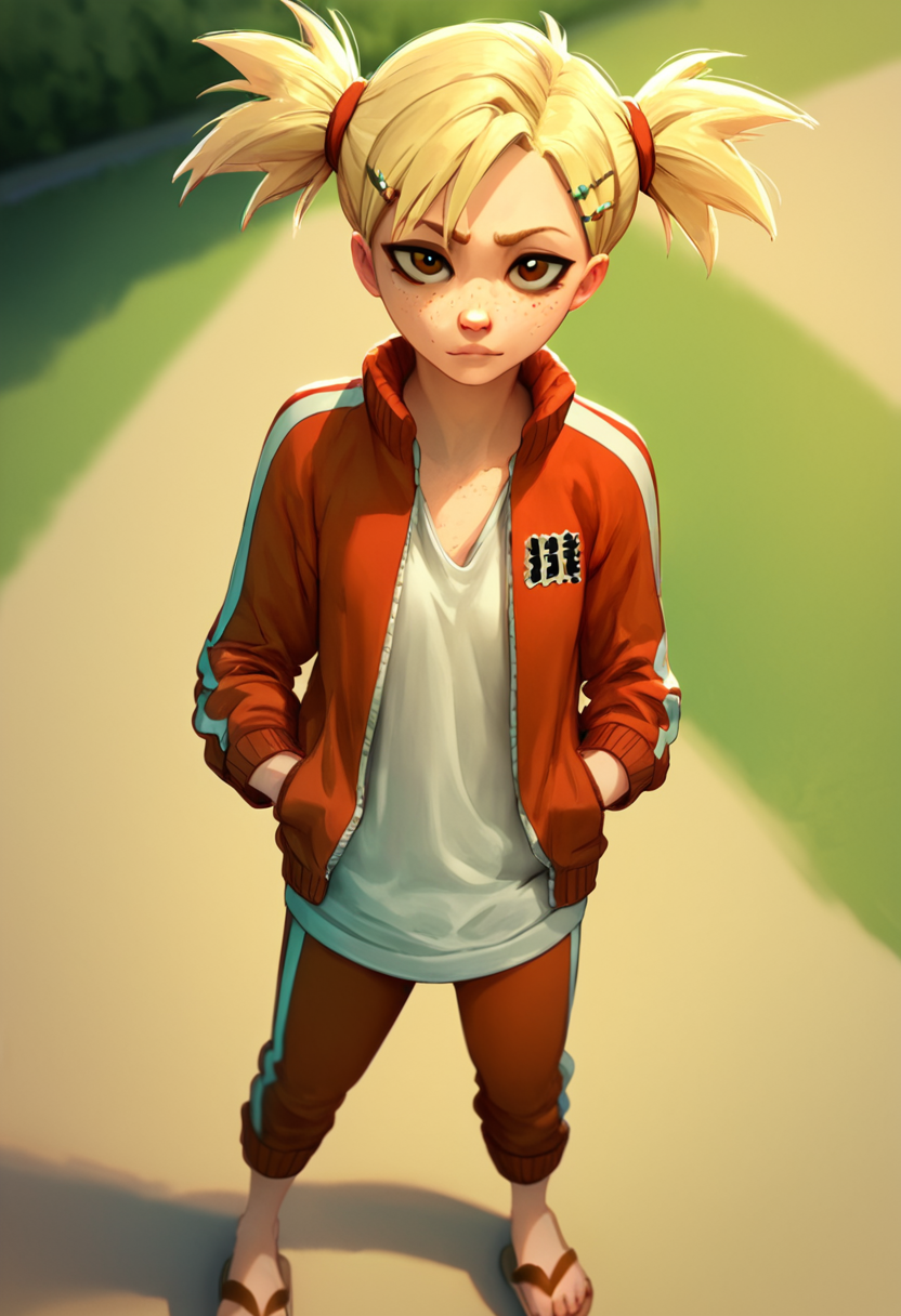 hiyorisarugaki, 1girl, blonde hair, solo, track jacket, hairclip,  short twintails, freckles, brown eyes, tank top, outdoors, looking at viewer ,sandals,    <lora:HiyoriSarugakiPony1.2:1>, score_9, score_8_up, score_7_up, , looking at viewer,track suit,