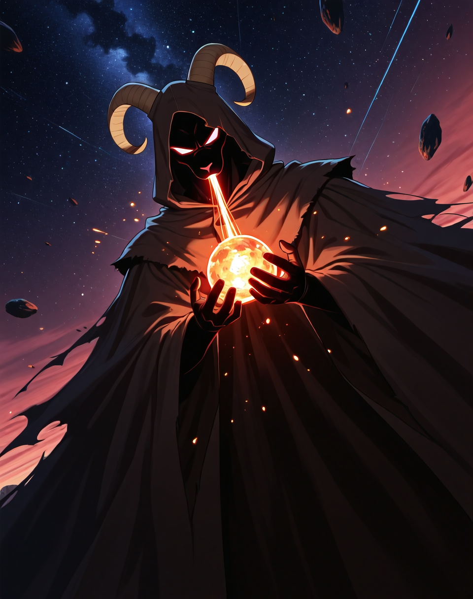 <lora:Moro_Hooded_Form_(Dragonball_Z)_(Illustrious)_(AD):1.35> Moro, hooded cloak, goat, 
dutch angle, exterior, outer space, asteroid field, 
male focus, gradient coloring, solo, cowboy shot, soft shading, old, aged up, dark picture, tattered brown cloak, consuming energy, in the style of the anime Dragonball Z and Dragonball Super, 
BREAK very awe, aesthetically pleasing, masterpiece, best quality, amazing quality, very aesthetic, perfect depth of field shot, in'ei, furry_art, source_furry, source_anime,
EZRealPONYXL, zPDXL, Smooth Quality, lazympos, IllustQualXL_Pos,