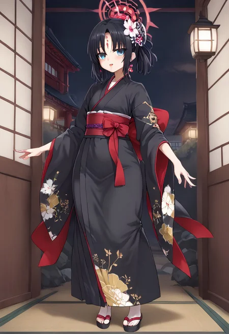 ((masterpiece, best quality, high resolution)) 1girl, solo, (sessyoin kiara:1.3), full body, defined body and face, perfect lighting, black Shinigami clothes, black kimono, taichou haori, white haori, hyper detailed, high resolution, sfw
