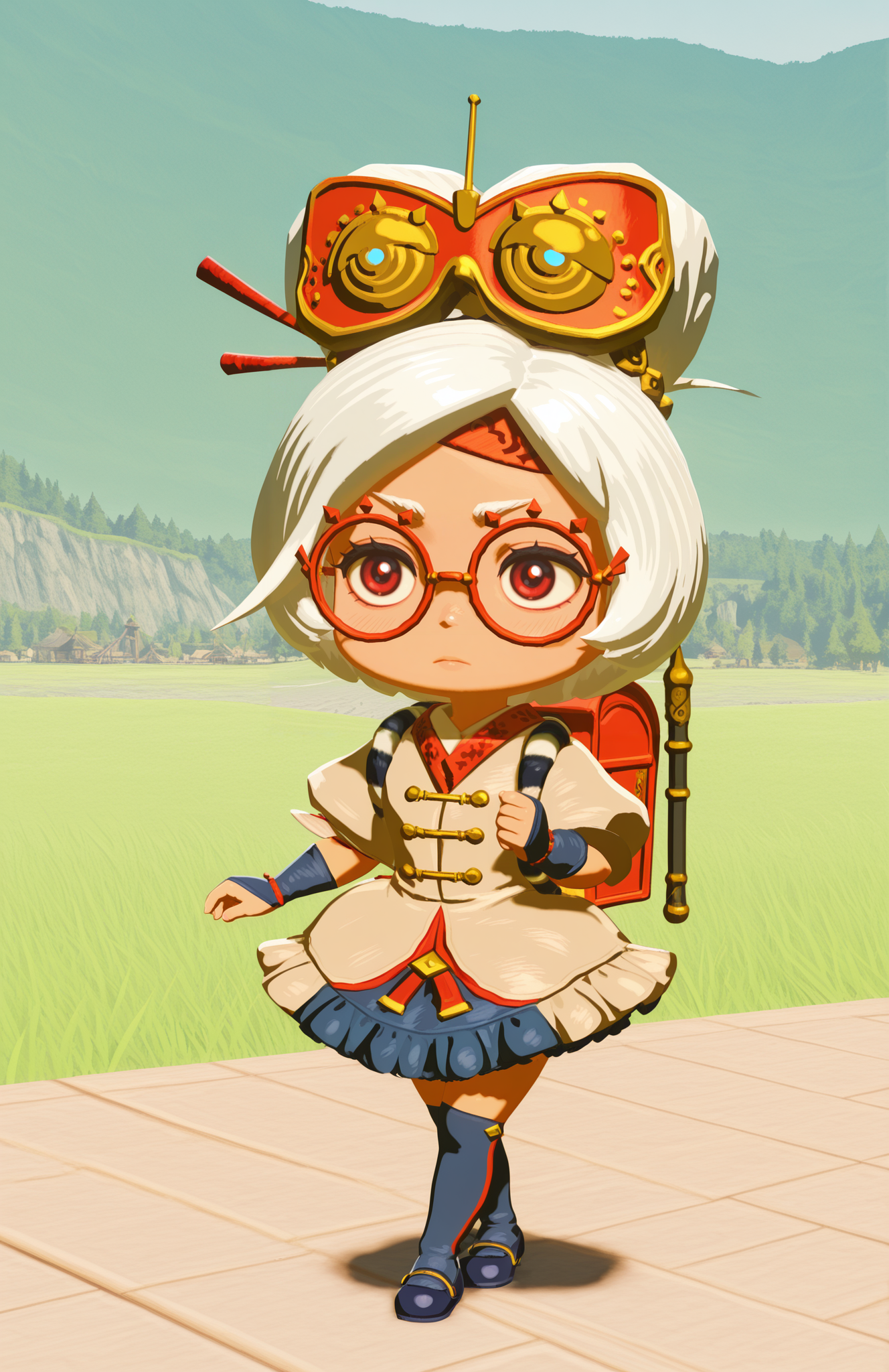 <lora:anatomy_helper:0.8> 1girl, solo, dam, full body, serious, confidant,,crossed legs, 3d
<lora:LilPurah-IL:1> prhmini, red eyes, red-framed eyewear, red-framed eyewear, beige jacket, blue skirt, frilled skirt, blue socks, kneehighs, blue footwear, mary janes, red headband, goggles on head, hair stick, hair beads, fingerless gloves, blue gloves, petticoat, randoseru, red bag, bag straps, blue and white striped strap, chibi, extremely detailed, highres, masterpiece, best quality