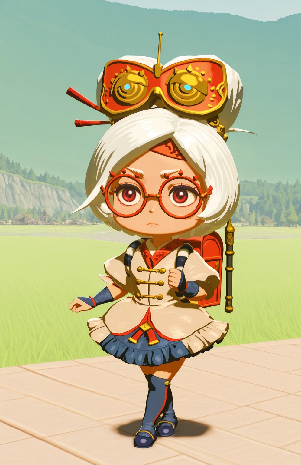 <lora:anatomy_helper:0.8> 1girl, solo, dam, full body, serious, confidant,,crossed legs, 3d
<lora:LilPurah-IL:1> prhmini, red eyes, red-framed eyewear, red-framed eyewear, beige jacket, blue skirt, frilled skirt, blue socks, kneehighs, blue footwear, mary janes, red headband, goggles on head, hair stick, hair beads, fingerless gloves, blue gloves, petticoat, randoseru, red bag, bag straps, blue and white striped strap, chibi, extremely detailed, highres, masterpiece, best quality