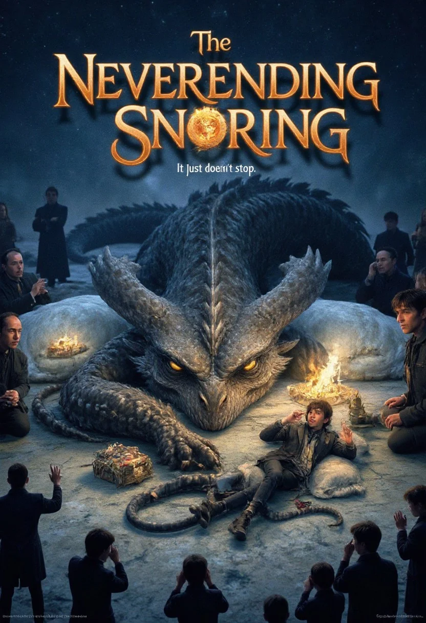 A movie poster for a fantasy movie called "The NeverEnding Snoring", featuring Falkor the luck dragon (from NeverEnding Story) lying asleep, everyone around him are covering their ears in pain. Tagline: "it just doesn't stop", allposter