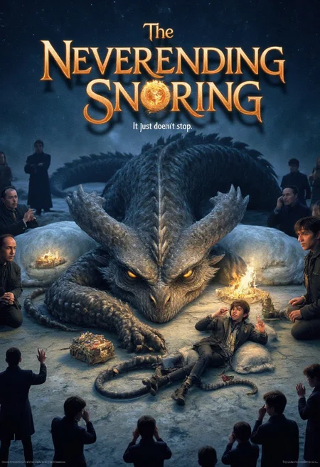 A movie poster for a fantasy movie called "The NeverEnding Snoring", featuring Falkor the luck dragon (from NeverEnding Story) lying asleep, everyone around him are covering their ears in pain. Tagline: "it just doesn't stop", allposter