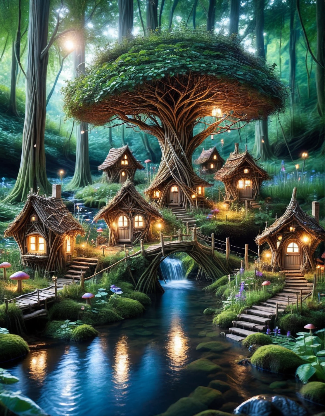 A whimsical ais-stcks fairy village nestled in a forest glade, with tiny houses built into tree roots and mushrooms, fireflies lighting up the night, and a gentle stream bubbling through <lora:ais-stcks-sdxl:1>