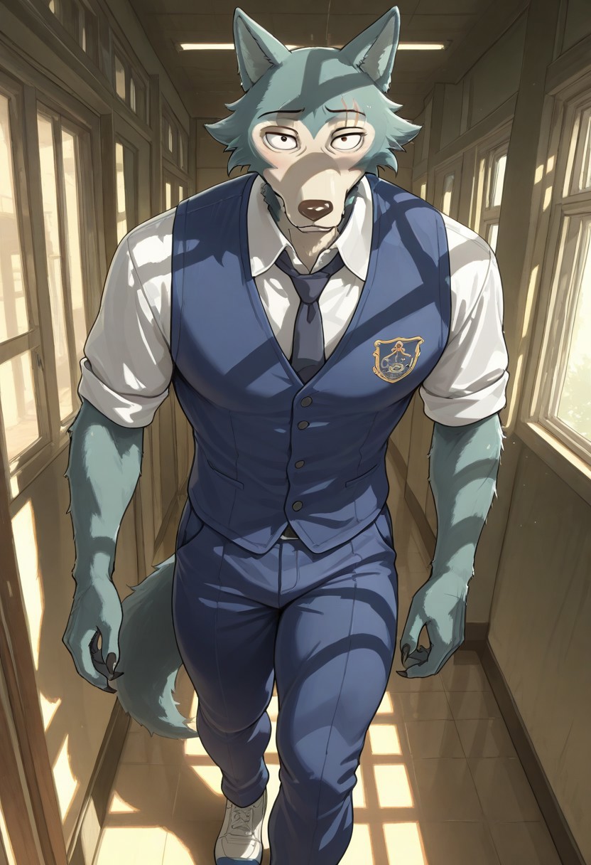 perfect anatomy, masterpiece, high quality, best quality, solo, male focus, western, detailed face, detailed body, masculine, Legoshi, anthro, wolf, beastars, scar on right brow, animal ears, Athletic build, grayish blue fur, black claws, large brown eyes, (looking at viewer: 1.8), shy expression, school uniform, blue vest, blue pants ,, hairy, body hair, broad shoulders, thick thighs, long wolf tail, in a school hallway, detailed background. (dinamic angle: 1.8), (walking: 1.8), hunch