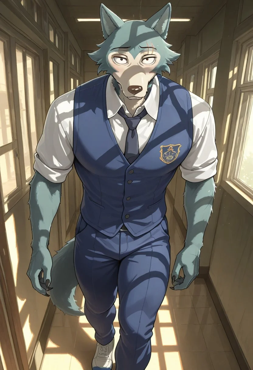 perfect anatomy, masterpiece, high quality, best quality, solo, male focus, western, detailed face, detailed body, masculine, Legoshi, anthro, wolf, beastars, scar on right brow, animal ears, Athletic build, grayish blue fur, black claws, large brown eyes, (looking at viewer: 1.8), shy expression, school uniform, blue vest, blue pants ,, hairy, body hair, broad shoulders, thick thighs, long wolf tail, in a school hallway, detailed background. (dinamic angle: 1.8), (walking: 1.8), hunch