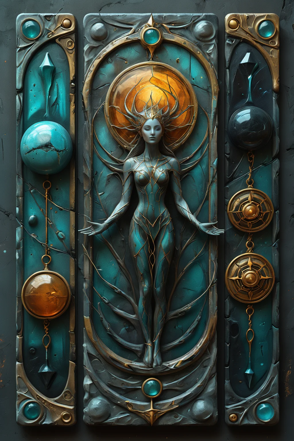 <lora:artfullyENGRAVED_SDXL_V1:0.4>,masterpiece,intricately detailed,high resolution,best quality,absurd resolution,mastercrafted, Mock ui, occult themed, oracle customized deck creator, 3 PERSONAS, colorful storytelling, dark cyan and amber, detailed atmospheric portraits, detailed character design, dreamlike illustration, flowing textures, in the style of realistic and hyper-detailed renderings, mysterious beauty, in the style of realistic fantasy artwork, in the style of dreamlike illustration, in the style of hyper-detailed illustrations, three tarot cards are standing amongst a dark landscape ,granite,ivory,obsidian,stained glass,transluscent,masterpiece,brilliant color story,illusionism,futuristic geometric abstractionism,in the style of hyperrealism,organic,male oracle,<lora:artfullymaleform_sdxl_v1:0.35>,<lora:ARTFULLYORACLESDXL-V1:0.4>,<lora:artfullydrow__sdxl_v1:0.26>,<lora:artfullyDRUID_sdxl_v1:0.45>,