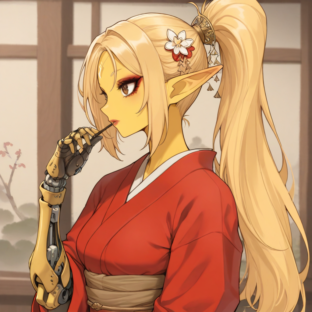 masterpiece, best quality, newest, absurdres, highres, SPAV1.0IL-right, right prosthetic arm, prosthetic arm,  prosthesis, single mechanical arm, 1girl, asian, asian female, elf, elf girl, pointy ears, long hair, yellow skin, blonde hair, golden colored skin, ponytail long ponytail, high taied ponytail, makeup, mascara, brown eyes, golden eyes, kimono, red kimono, japanese clothes, hair ornament,
