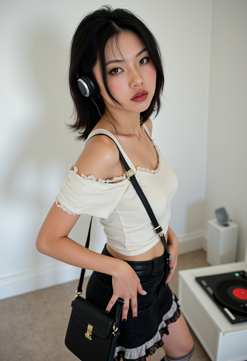 Hyperrealism, she is looking at the camera, (dynamic angles), headshots of a beautiful, stunning unique female character. she has hair. her brown eyes are filled with joy and excitement, extravagant eyelashes,  A photo of Ming_Lee, a young girl, wearing a white frilly skirt and a black skirt. She is standing with her hands on her hips and her head turned to the side. She is wearing headphones and has a purse on her shoulder. The scene is set in a room with a record player in the background. The background is a simple white wall.. making this image a masterpiece of photography and digital art. Style: realistic hyper-detailed rendering, 32k UHD, expressive eyes, punk, graphic design, girl's face, pretty and cute, gleaming lips, white skin, telling a tale of adventure. Exuding confidence and serenity. The background is a simple white wall. The overall mood of the image is happy and relaxed.RAW candid cinema,16mm,color graded portra 400 film,remarkable color,ultra realistic,textured skin,remarkable detailed pupils,realistic dull skin noise,visible skin detail,skin fuzz,dry skin,shot with cinematic camera,detailed skin texture,(blush:0.2),(goosebumps:0.3),subsurface scattering,beautiful photograph in the style of Augustus John,Sergio Toppi,Virginia Frances Sterrett,8k HD,detailed skin texture,ultra realistic,textured skin,analog raw photo,cinematic grain,whimsical,detailed hand,perfect hand.perfect style.