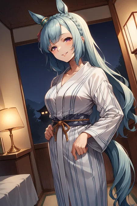 score_9, score_8_up, score_7_up, , rating_general ,1girl , ards, long hair, crown braid, horse ears, ear ornament, horse tail, yukata, dynamic angle , source_anime    ,  cowboy shot, indoors, naughty face, smile, night, indoors, <lora:ArdanPDCAME UMA:1>