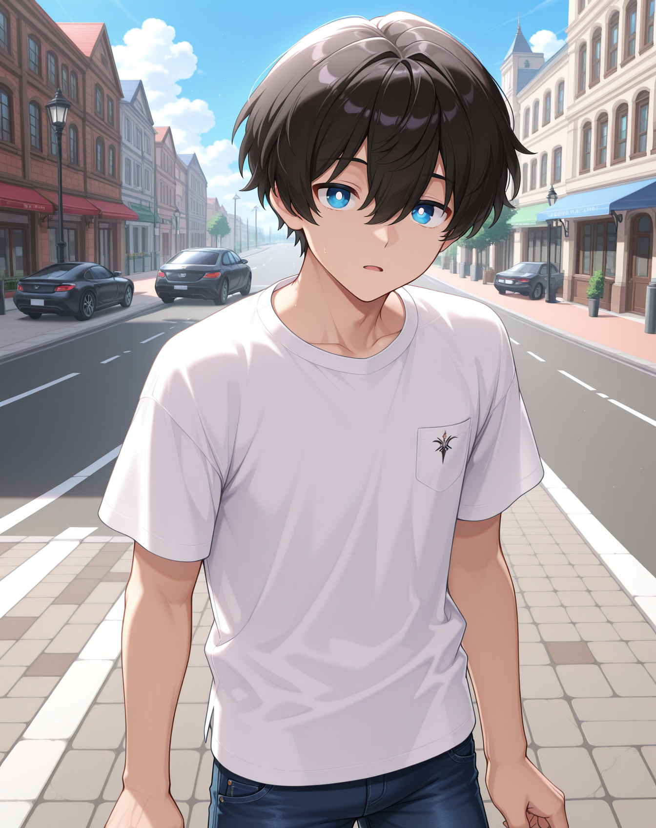 masterpiece,best quality,amazing quality, newest, very aesthetic, absurdres,
1boy, solo, yaoi, male focus, looking at viewer, cowboy shot, standing,
<lora:Noah_Morpheus_ilxl:1> noahmo, black hair, hair between eyes, blue eyes, white pupils,
white shirt, jeans, sneakers,
outdoors, day, blue sky, building, street, road, lamppost, car,