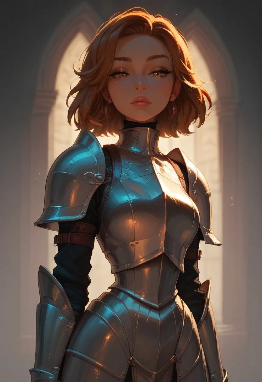score_9, score_8_up, score_7_up, score_6_up, 1girl, solo,wearing shiny knight armor,knight armor, cute freckled face, cute round face, thin waist, short, lidded eyes, full body shot,steamy, golden hour lighting, warm lighting, good lighting, looking at viewer