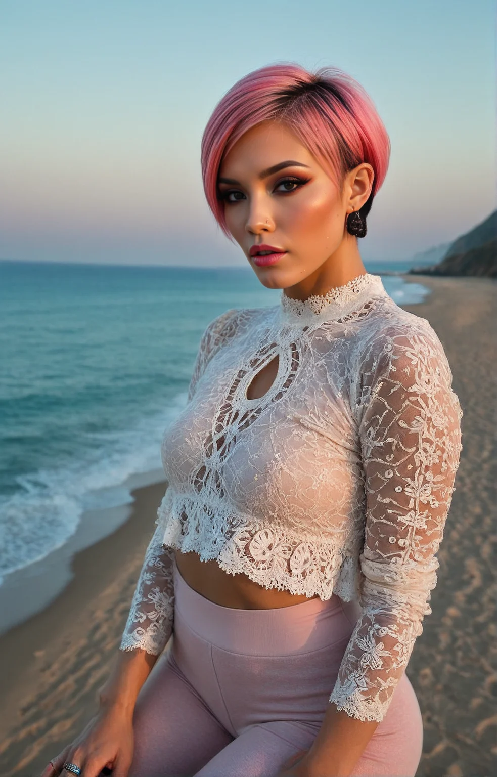 Stable_Yogis_PDXL_Positives  
Stable-Yogis-Makeup-Enhancer-XL
 <lora:Dynamic_Lighting_by_Stable_Yogi_SDXL3_v1:1>   dynamic lighting,
Photo shoot, of a sexy young beautiful  Vietnamese model ,  Berry lips makeup style ,  Layered pixie cut hairstyle , Coral pink hair_color , Stacked rings with crystals ,  wearing Lace see-through keyhole blouse, Fleece leggings ,  beachfront bar with a view of the sea , shot with Sony FX6 Cinema camera,  light_particles, cinematic, dynamic_angle,  beautiful, realistic, real_life.