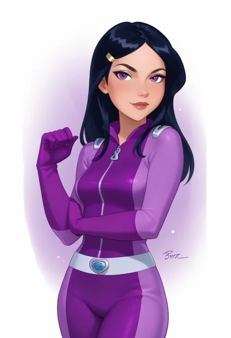 score_9, score_8_up, score_7_up, score_6_up, score_5_up, score_4_up, btimmsketch, cowboy Shot, mandy \(totally spies\), long hair, black hair, purple eyes, hairpin, purple gloves, purple bodysuit, zipper, belt, looking at viewer, standing, pin-up pose, sexy, halftone effect, white borders, abstract background:1.5