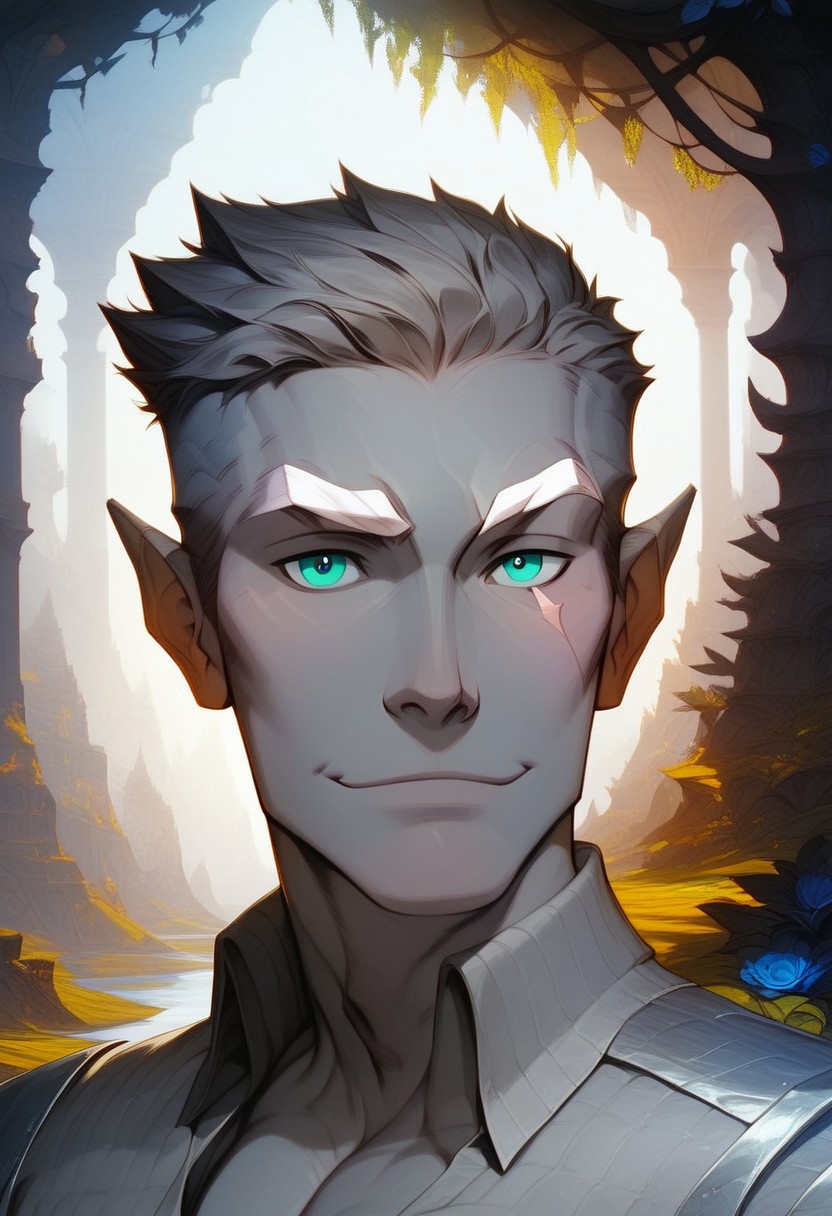 (score_9, score_8_up:1.1), score_7_up, score_9, score_8_up, score_8, score_7_up, dynamic angle, ((full body)), masculine, relaxing, leaning on riverbank, 1boy, solo, sexy, athletic, vox machina style, solo, warlock, fantasy, forest background, (dynamic lighting:1.1) ((masterpiece)), detailed eyes, (((detailed iris))), pupils, perfecteyes, perfect eyes, best quality, ((masterpiece)), sharp cheekbones, gaunt face, defined cheekbones, 28 years old, (adult, mature), hard face, slight smile, ((thin lips)), (half_elf:0.5), dark elf, (((grey skin))), white hair, (((short hair))), professional, (legion haircut), (short cut sides), (short bangs), (((white eyebrows))), light eyebrows, ((((pale grey ((((short)))) tipped ears)))), pointed_ears:0.5, ((short pointed ears)), eyebrow scar on left side of face, cheek scar, ((detailed turquoise eyes))