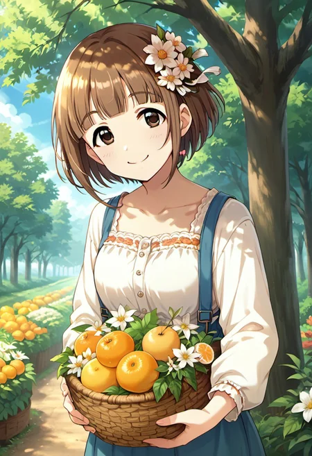 score_9, score_8_up, score_7_up, source_anime, kitami yuzu, short hair, brown hair, brown eyes, 1girl, tree, solo, hair ornament, smile, hair flower, flower, food, outdoors, basket, fruit, looking at viewer