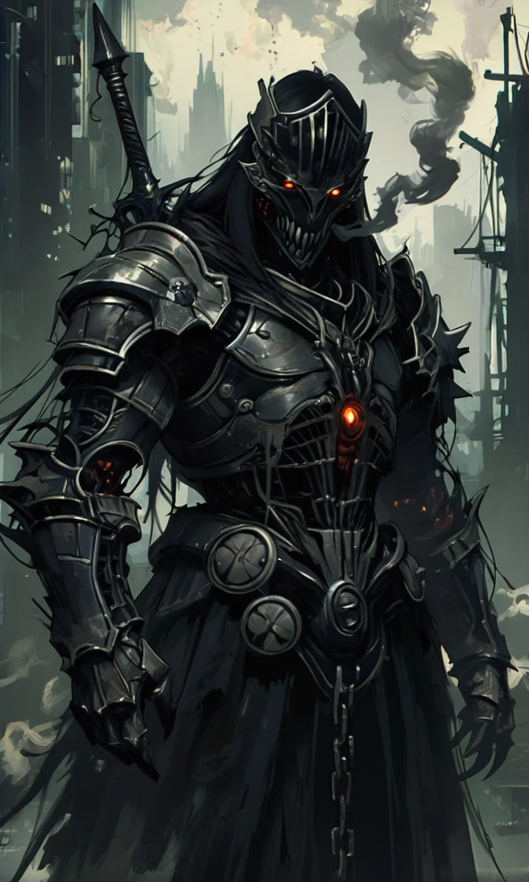 A dark atmospheric digital painting of a heavily armored knight with glowing red eyes smoke swirling around set against a gothic ruined cityscape.<lora:- NAI - ac_illustration_V1.0-step00011000:.4> <lora:- NAI - PdJ_highres_counterweight_V.2.0-step00021000:0.7> <lora:- iLL - the_edgy_mech_V3.0:0.2>