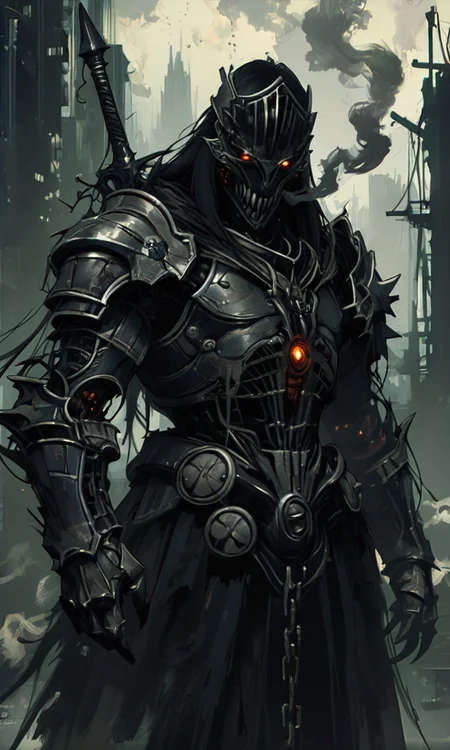 A dark atmospheric digital painting of a heavily armored knight with glowing red eyes smoke swirling around set against a gothic ruined cityscape.<lora:- NAI - ac_illustration_V1.0-step00011000:.4> <lora:- NAI - PdJ_highres_counterweight_V.2.0-step00021000:0.7> <lora:- iLL - the_edgy_mech_V3.0:0.2>