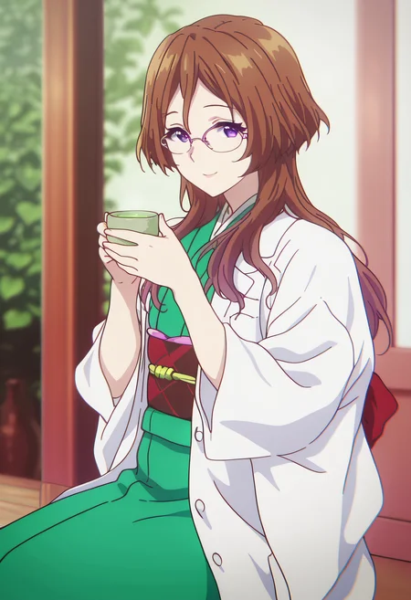 masterpiece, best quality, amazing quality, very aesthetic, absurdres,
1girl, solo, Arisu Himeno, brown hair, purple eyes, long hair, glasses, pink-framed eyewear,
green kimono, japanese clothes, sash, obi, labcoat,
sitting, smile, looking at viewer,
holding cup, drinking a tea, green tea, tea cup,
anime coloring,
dof, greenery background,
kyoto animation,