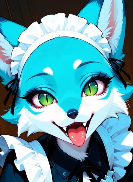 <lora:Foxy_v02_PDXL:1>  solo, furry girl, furry fox girl, slender body,  body covered with short blue fur, fox ears,  long eyelashes,  foxgirl, blue fur, green eyes, slit pupils,  long lush eyelashes, more detailed eyes,  lustful look,  short maid dress, maid cap,  sly smile, tongue out, mouth open, fangs showing, face close up,  <lora:eyelashes_pony_V1.0:1> <lora:Eyes_Lora_Pony_Perfect_eyes:1>