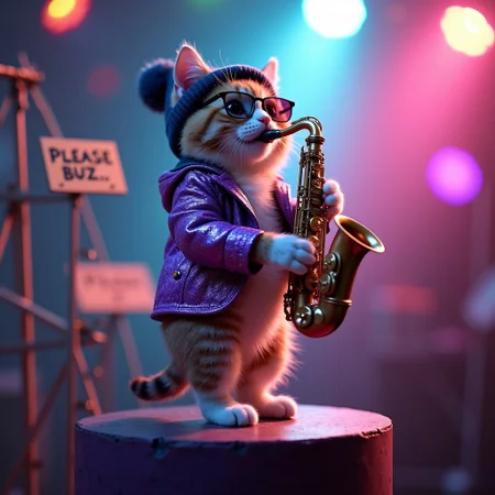 A cute kitten playing the saxophone up on a high pedestal, wearing a beanie, shades, a purple sparkling jacket, disco lights, photorealistic, a cardboard sign that says "Please Buzz...", colourful, epic, cinematic shot,