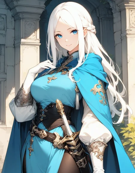 Masterpiece,best quality,sophisticated,hualide2dshuicai,
1girl,solo,blue eyes,long hair,breasts,weapon,sword,gloves,white hair,belt,looking at viewer,braid,cape,smile,white gloves,sheath,long sleeves,blue cape,sheathed,parted bangs,
<lora:tonton shuicai Illustrious-XL:0.8>,