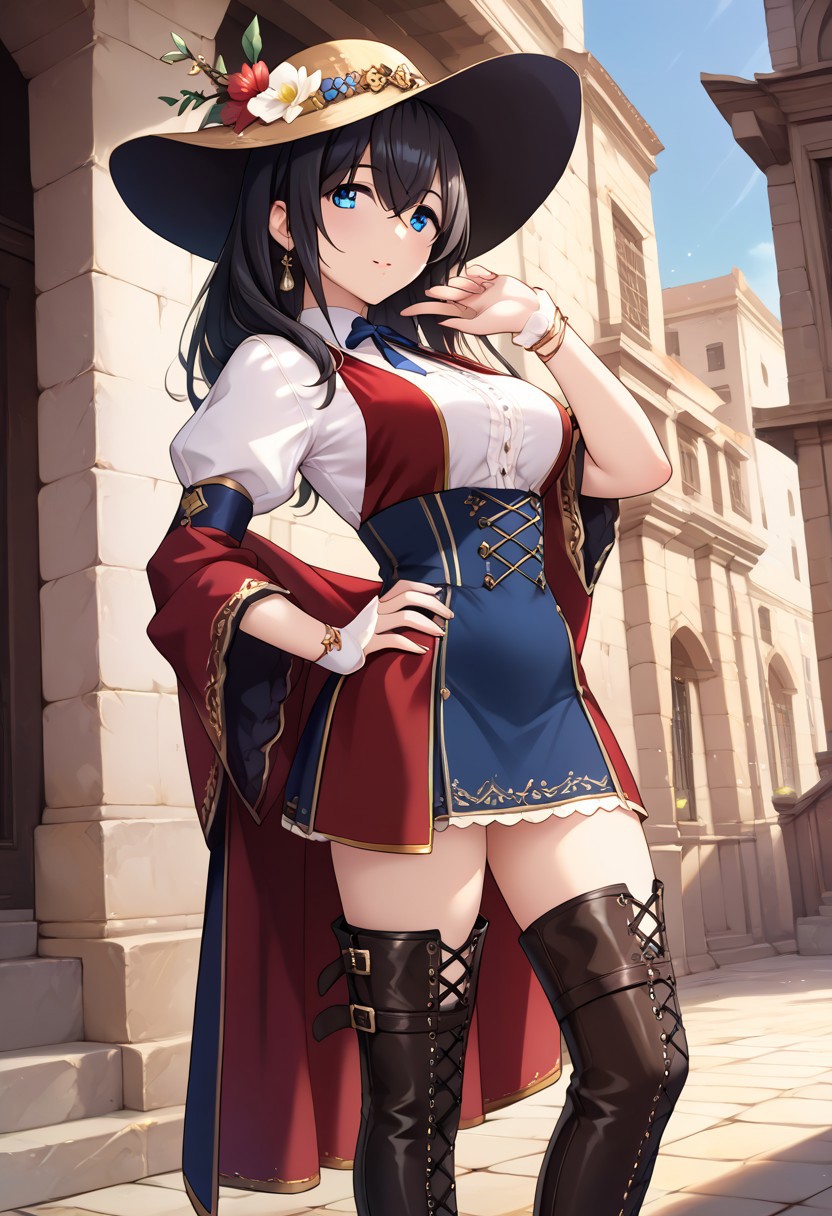 score_9, score_8_up, score_7_up, score_6_up, score_5_up, score_4_up, source_anime, 
sgswfmk, hair between eyes, bangs,
blue eyes, black hair, long hair, large breasts, wide hip,
hat, cowboy western, thighhighs, boots, jewelry,
1girl,