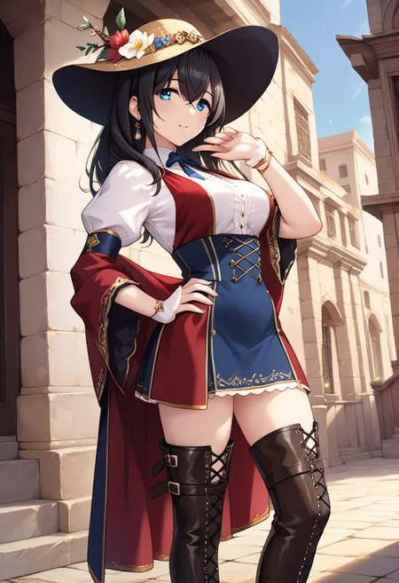 score_9, score_8_up, score_7_up, score_6_up, score_5_up, score_4_up, source_anime,
sgswfmk, hair between eyes, bangs,
blue eyes, black hair, long hair, large breasts, wide hip,
hat, cowboy western, thighhighs, boots, jewelry,
1girl,