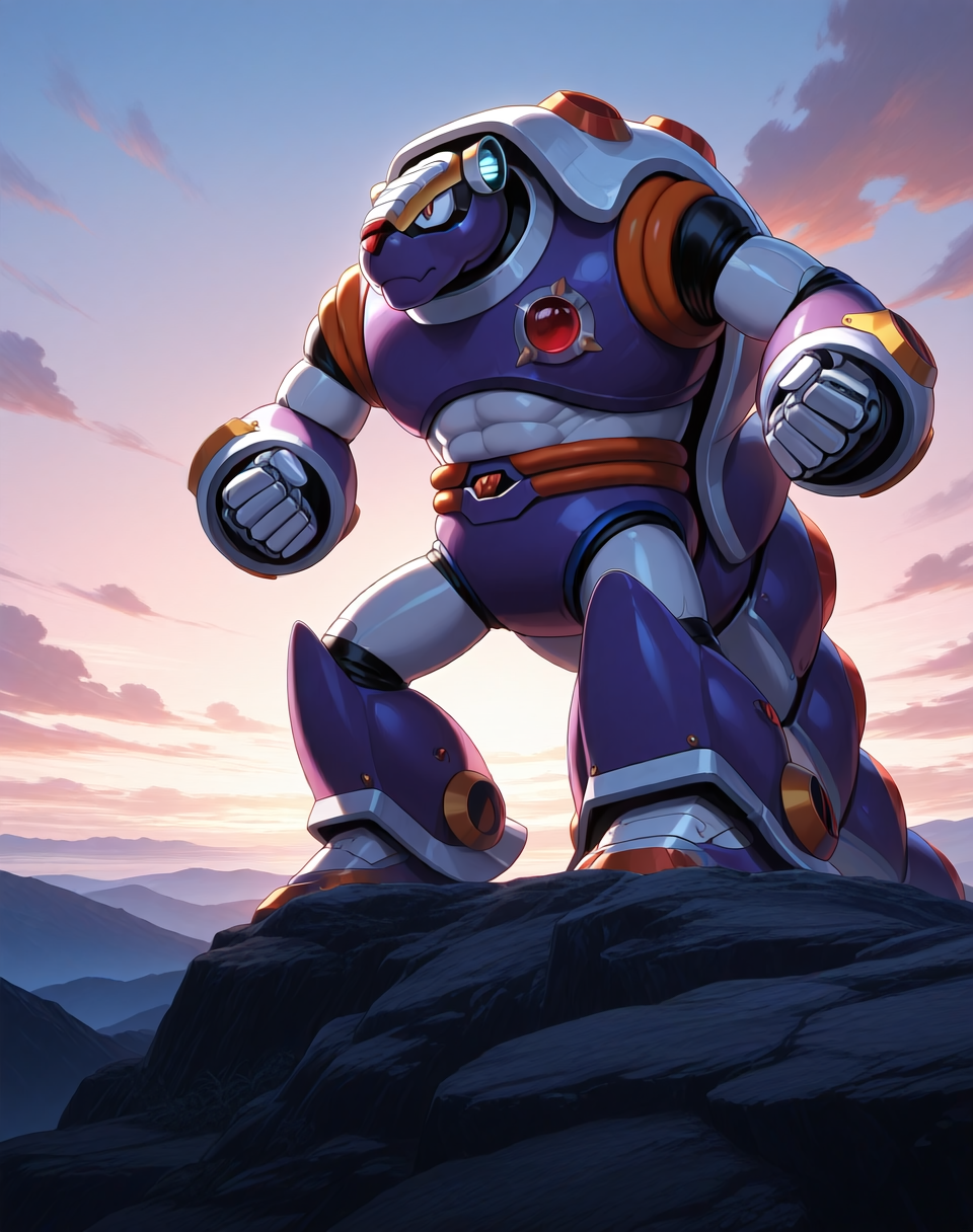 <lora:Armored_Armadillo_(Mega_Man_X)_(Illustrious)_(AD):1.35> Armored Armadillo, reploid, MMX, 
((
exterior, video game background, sky with clouds, 
male focus, intense shadows, dynamic shadows, intricate details, attention to details, gradient coloring, robot, hyper muscular, abs, 
)), 
BREAK very awa, masterpiece, best quality, amazing quality, very aesthetic, highres, absurdres, 
EZRealPONYXL, zPDXL, Smooth Quality, lazynsfw,